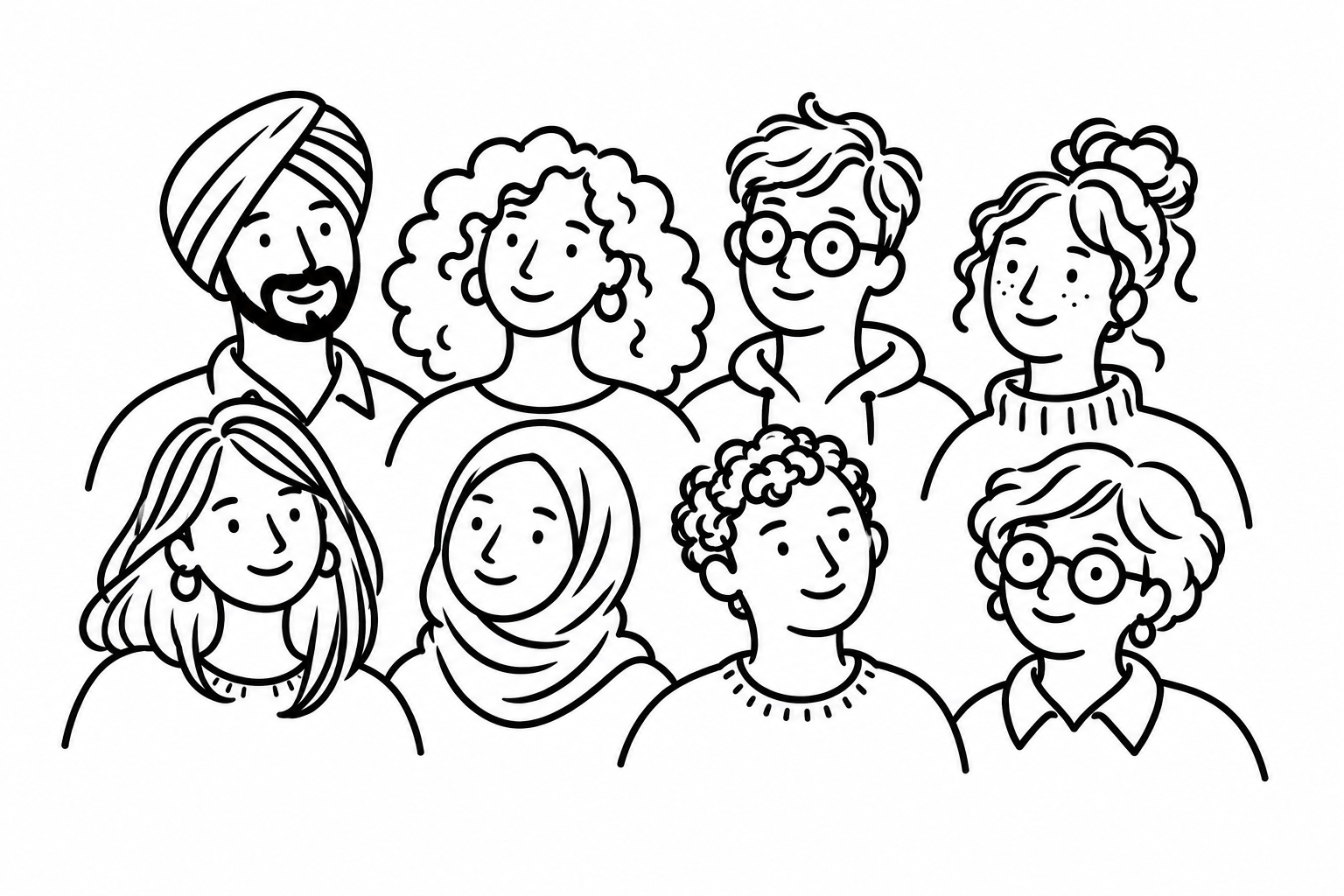 Line drawing of eight people with varied hairstyles, head coverings, and glasses