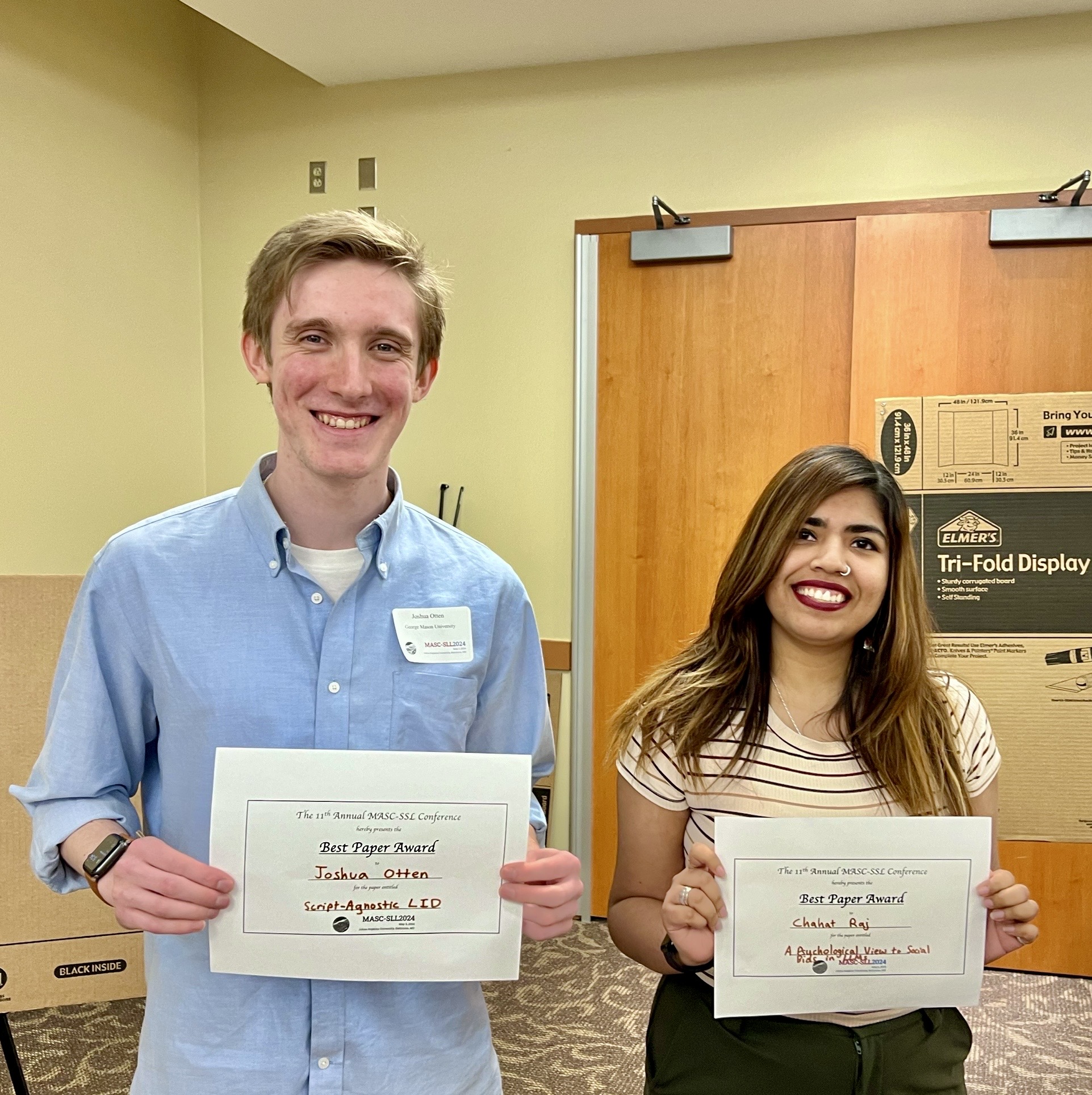 Chahat Raj with Joshua receiving Best Paper Award at MASC-SLL 2024